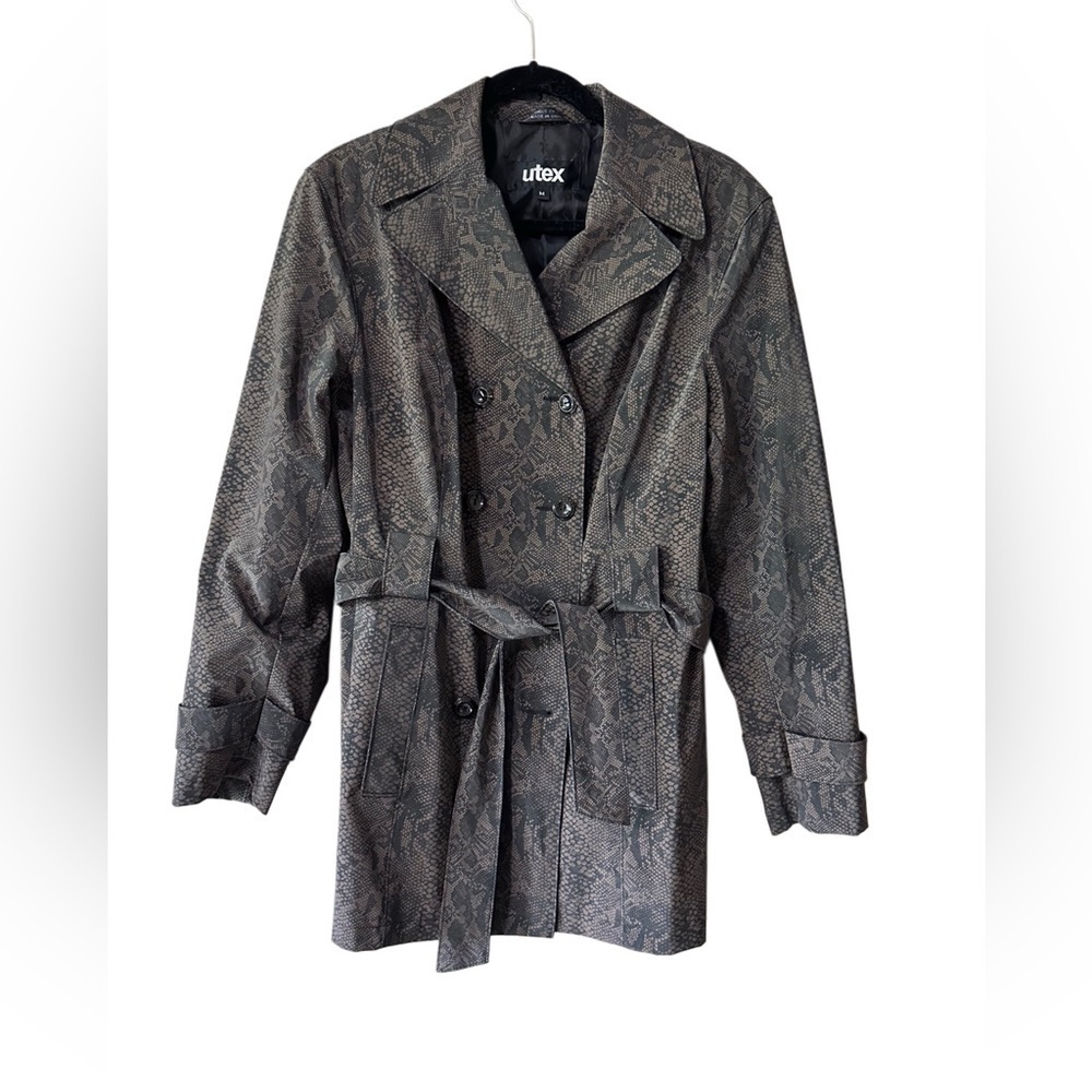 Vintage Utex Women's Brown Snake Print Trench Rain Coat Size Medium 90s Y2K